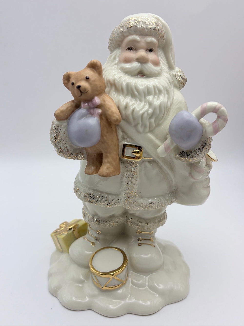 Lenox Santa Figurine, Violet/Gold Trim, Sack of Toys, Teddy Bear, Drum. So cute!